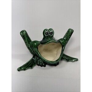 Vtg HTF Ceramic Sponge Holder Wide Mouth Frog Shiny Glaze Green Signed K1